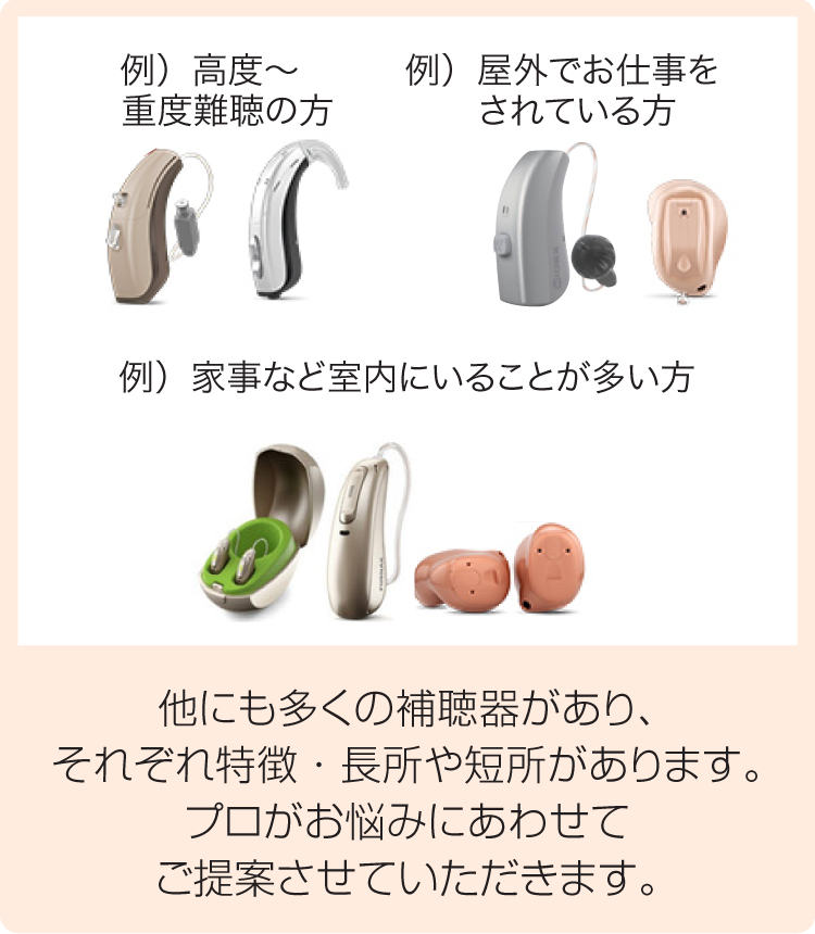 熊本・宇土のキクチめがね他にも多くの補聴器があり、それぞれ特徴・長所や短所があります。プロがお悩みにあわせてご提案させていただきます。